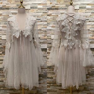 Bridal Lace Couture White Tulle Robe | Sheer Romantic Lace-Up Fairy Sleeves NWOT